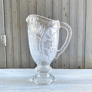 Tall Vintage Crystal Footed Water Pitcher - Avitra Corp Hand Cut in Bulgaria with Frosted Etched Flower