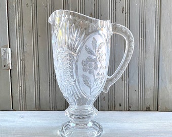 Tall Vintage Crystal Footed Water Pitcher - Avitra Corp Hand Cut in Bulgaria with Frosted Etched Flower