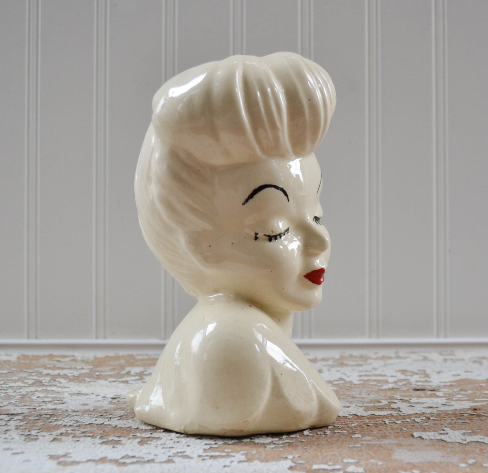 Vintage Lady Head Vase White Ceramic Midcentury Girl Planter Etsy