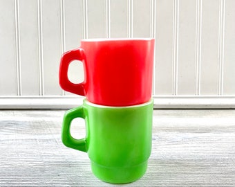 Vintage Red and Green Milk Glass Coffee Mugs Set of 2 - Anchor Hocking Fire King Stackable Cup Pair Oven Proof