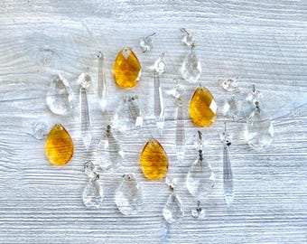 Vintage Amber & Clear Glass Chandelier Prisms – Teardrop Lamp Parts