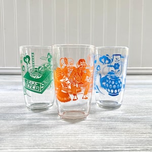 Set of 3 Vintage Kraft Swanky Swig Juice Glasses - Bustlin Betsy Coffee Grinder Teapot