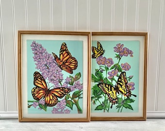 Vintage Framed Pair Paint by Numbers Painting - Monarch Butterfly and Flower Retro Wall Art