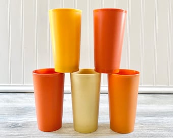 Vintage Set of 5 Tupperware Tumbler Glasses Cups Orange Yellow Tan Retro Colors - Shorter Size