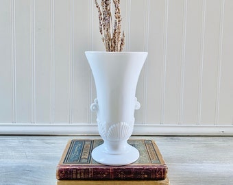 Vintage Vitrock Vase - Anchor Hocking White Milk Glass Urn with Shell Pattern and Art Deco Scroll Handles