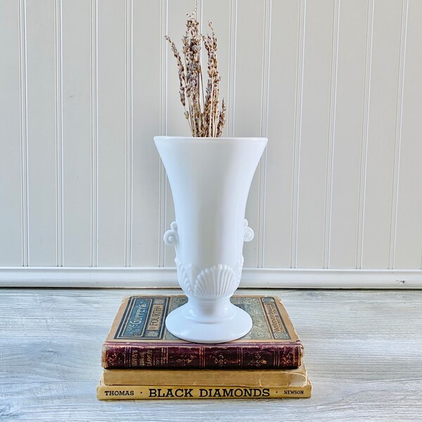 Vintage Vitrock Vase - Anchor Hocking White Milk Glass Urn with Shell Pattern and Art Deco Scroll Handles