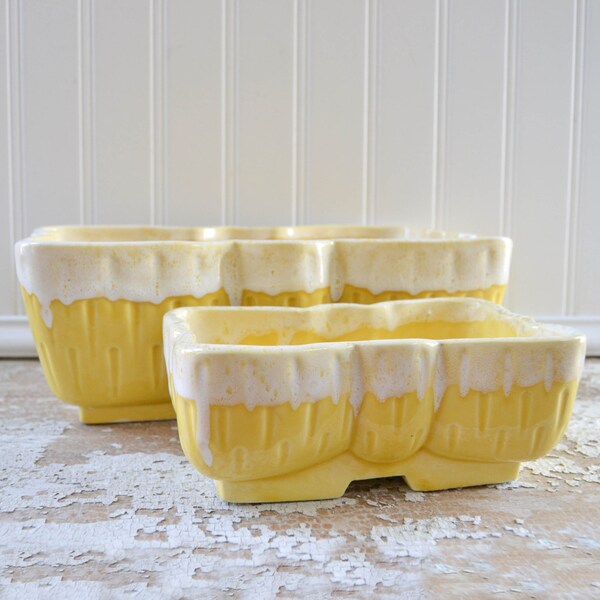 Vintage Pair of Yellow Planters - Midcentury UPCO USA Drip Glaze