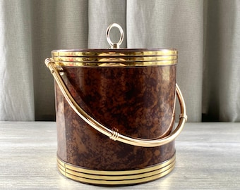 Vintage Ice Bucket with Faux Tortoise Body Brass Accents and Acrylic Lid