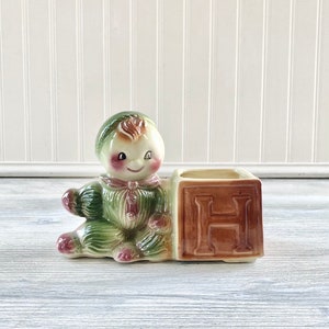 Vaso in ceramica vintage con blocco per bambini - Vaso per decorazioni per la cameretta dei bambini in ceramica verde marrone