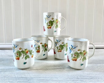 Vintage Linwile Ardalt Coffee Mugs - Set of 5 Butterfly Strawberry Ladybug Porcelain Cups with Gold