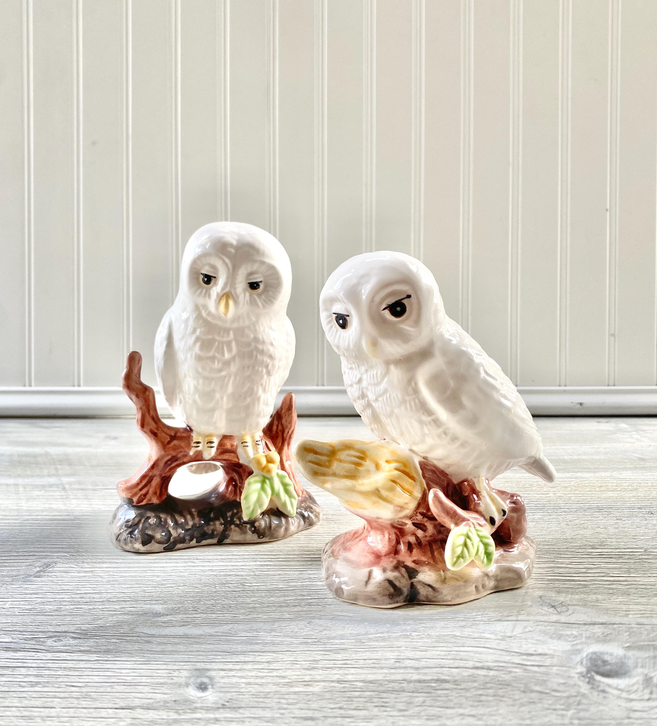 Vintage White Ceramic Owl Figurine Pair - Set of Retro Bird Decor Owls on Logs