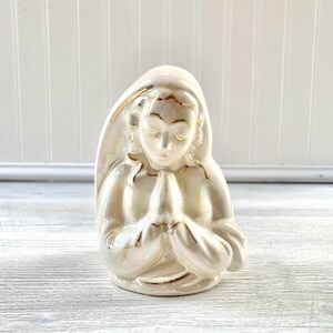 Vintage Virgin Mary Ceramic Planter - White Gold Praying Religious Porcelain Mother Madonna Statue Pearlescent Flower Pot