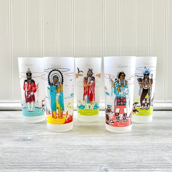 Vintage Oklahoma Indians Frosted Drinking Glasses - Set of 5 Mid-Century Tumblers by Blue Eagle Knox Oil