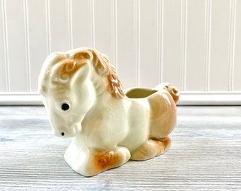 Vintage Horse Ceramic Planter - Cream and Brown Nursery Pony Flower Pot Midcentury Pottery