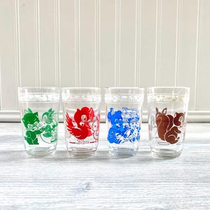 Set of 4 Vintage Children's Swanky Swig Animal Juice Glasses - Bear Cat Deer Elephant Bird Squirrel