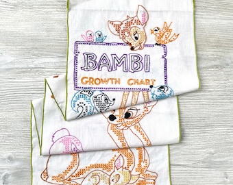 Vintage Disney Bambi Growth Chart Embroidered Wall Hanging - Cross Stitched Linen Paragon Needlecraft