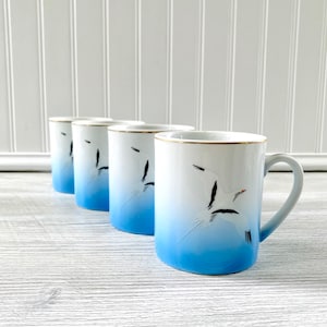 Vintage Seagull Coffee Mug Set: Blue, White & Gold Nautical Kitchen Decor