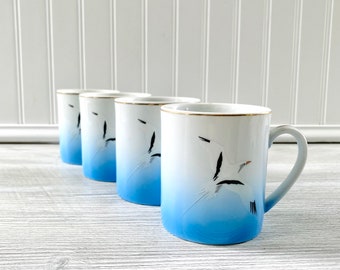 Vintage Seagull Coffee Mug Set of 4 - Blue White with Gold Luster Sea Ocean Bird Nautical Kitchen