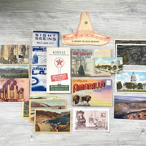 Folleto de postales de viaje vintage de la década de 1940, mapa efímero de Utah, Texas, Kansas, folleto turístico de vacaciones
