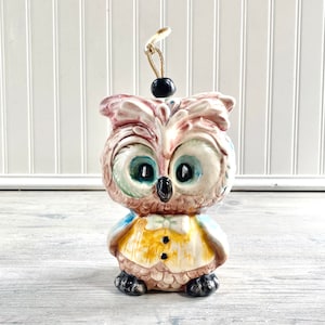 Vintage Large Ceramic Owl with Bowtie Dinner Bell Wind Chime Retro Big Eyes