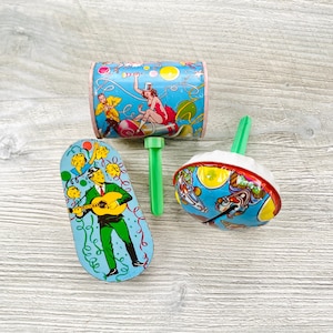 Vintage Collection of 3 Tin Litho Noisemakers US Metal Toy Mfg Co - Clown Guitar Champagne Party