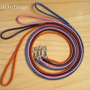 May include: Five braided leather dog leads in different colours: pink, purple, blue, orange, and navy blue. The leads are coiled together with silver swivel clips.