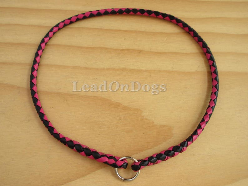 Pu&ograve; includere: Un collare per cani in pelle intrecciata rosa e nero con un anello a D argentato.