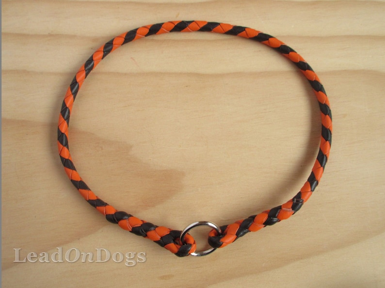 Pu&ograve; includere: Collare per cani in pelle intrecciata nero e arancio con un anello in metallo argentato.
