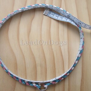 Pu&ograve; includere: Un collare per cani in pelle intrecciata bianco, blu e rosa con un anello a D argentato. Il collare &egrave; misurato con un metro a nastro che indica 20, 21, 22, 23, 24, 25, 26, 27, 28, 29, 30, 31, 32, 33, 34, 35, 36, 37, 38, 39, 40, 41, 42, 43, 44, 45, 46, 47, 48, 49, 50, 51, 52, 53, 54, 55, 56, 57, 58, 59, 60 pollici.