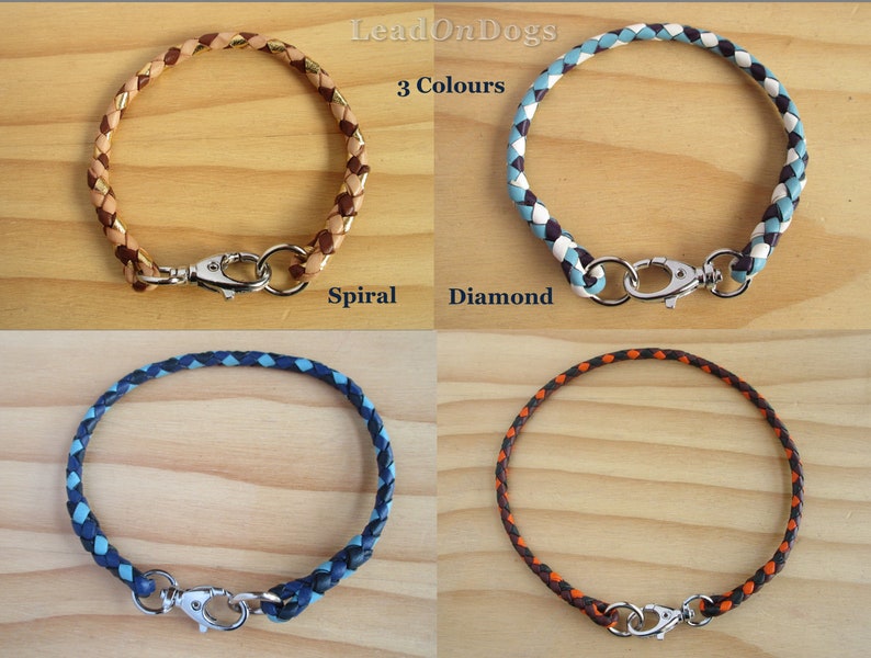 Puede incluir: Cuatro collares de perro de cuero en diferentes colores y patrones de tejido. Los collares son marr&oacute;n y dorado, blanco y azul, azul y negro, y naranja y marr&oacute;n. Cada collar tiene un cierre plateado.