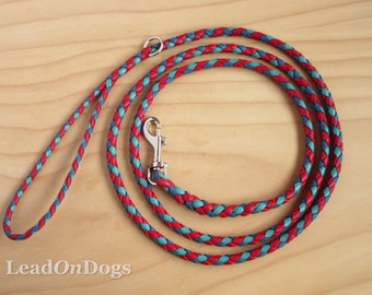 LeadOnDogs Baki Rot, Blau und Türkis 2 m geflochtene Hundeleine aus Känguru Leder