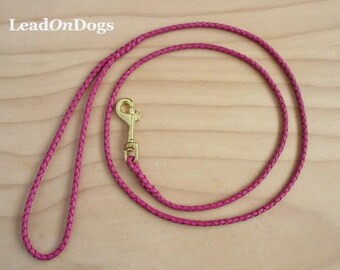 Pink Braided Kangaroo Leather Dog Show Lead with Brass Clip - LeadOnDogs Jeddah