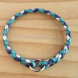 Pu&ograve; includere: Un collare per cani in pelle intrecciata color turchese, argento e blu navy con un anello a D argentato.
