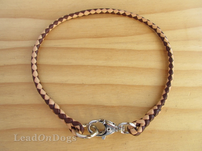 Puede incluir: Un collar de perro de cuero marr&oacute;n y beige con un cierre plateado. El collar est&aacute; trenzado con un patr&oacute;n de diamante.
