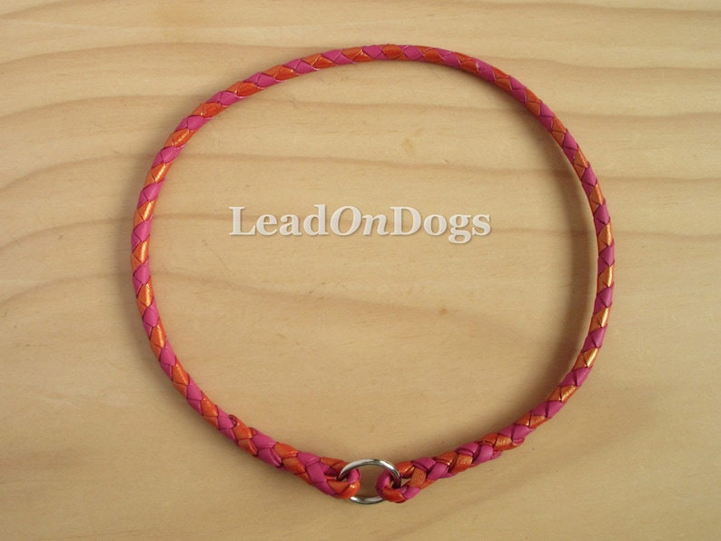 Pu&ograve; includere: Un collare per cani in pelle intrecciata rosa e arancione con un anello a D argentato.
