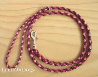 LeadOnDogs Baki weinrot, rosa und pink 1,50m geflochtene Hundeleine aus Känguruleder