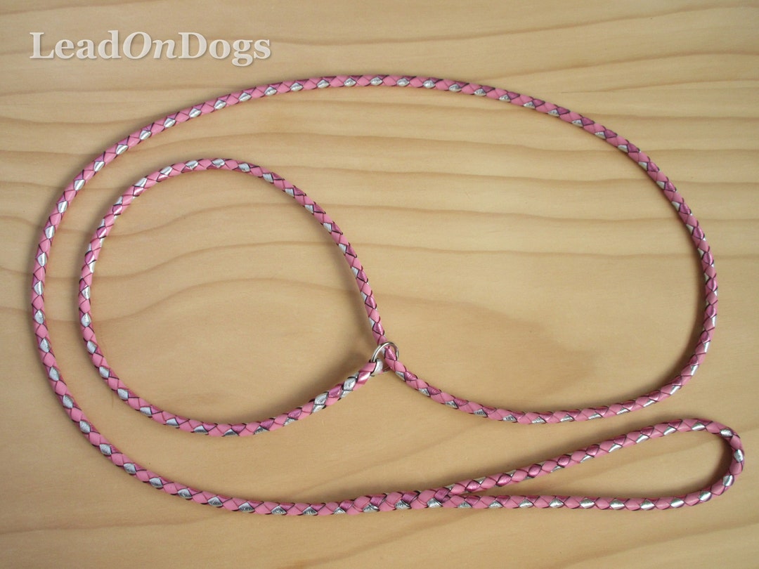 Leather Dog Show Slip Lead Braided in Light Pink, Fuchsia and Silver