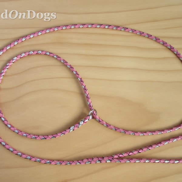 Leather Dog Show Slip Lead Braided in Light Pink, Fuchsia and Silver Kangaroo Leather - LeadOnDogs Sherry