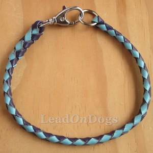 Puede incluir: Un collar de perro de cuero trenzado en azul y morado con un cierre plateado.