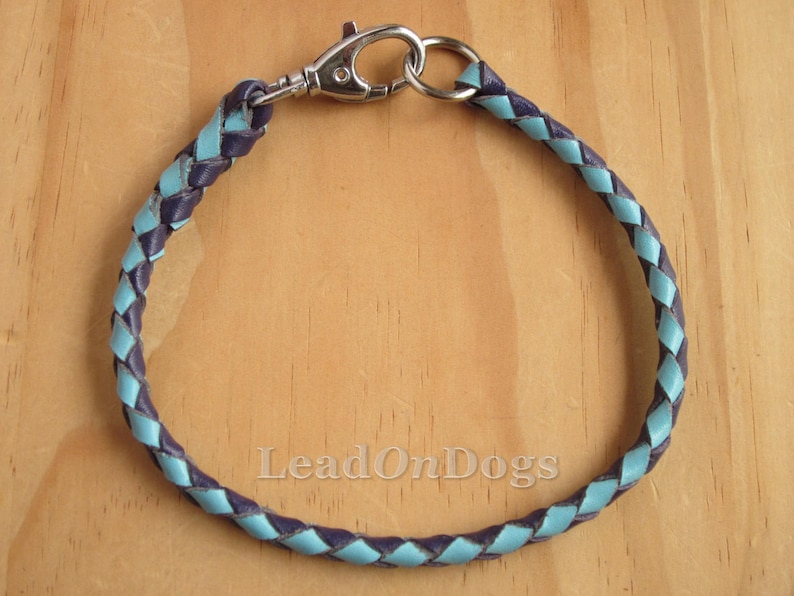 Puede incluir: Un collar de perro de cuero trenzado en azul y morado con un cierre plateado.