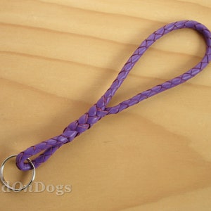 Op de afbeelding: Een gevlochten paarse leren hondenriem met een zilveren metalen ring. De riem is aan de bovenkant lusvormig voor gemakkelijk hanteren. De achtergrond is een lichtbruin houten oppervlak.
