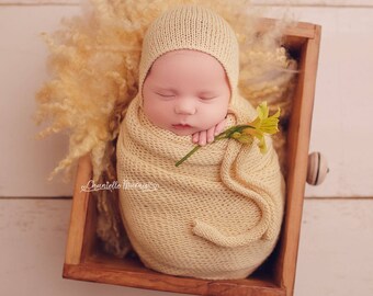 Alpaca silk knit tie bonnet and wrap set, 16 colors,newborn photo prop