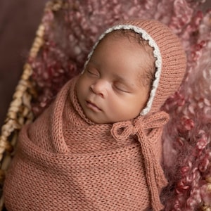 Alpaca knit tie bonnet and wrap set 12&quot; x 55&quot;, 20 colors,newborn photo prop