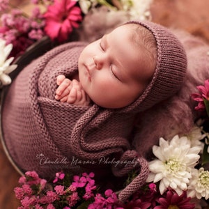 Alpaca knit tie bonnet and wrap set 12&quot; x 55&quot;, 20 colors,newborn photo prop