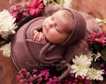 Alpaca knit tie bonnet and wrap set 12&quot; x 55&quot;, 20 colors,newborn photo prop