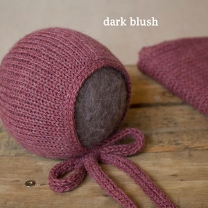 Alpaca knit tie bonnet and wrap set 12&quot; x 55&quot;, 20 colors,newborn photo prop