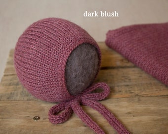 Alpaca knit tie bonnet and wrap set 12" x 55", 20 colors,newborn photo prop
