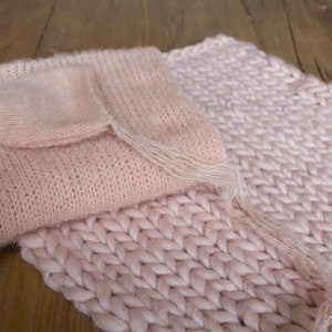 Newborn knit set, merino mini blanket, brushed alpaca bonnet and wrap, newborn photo prop