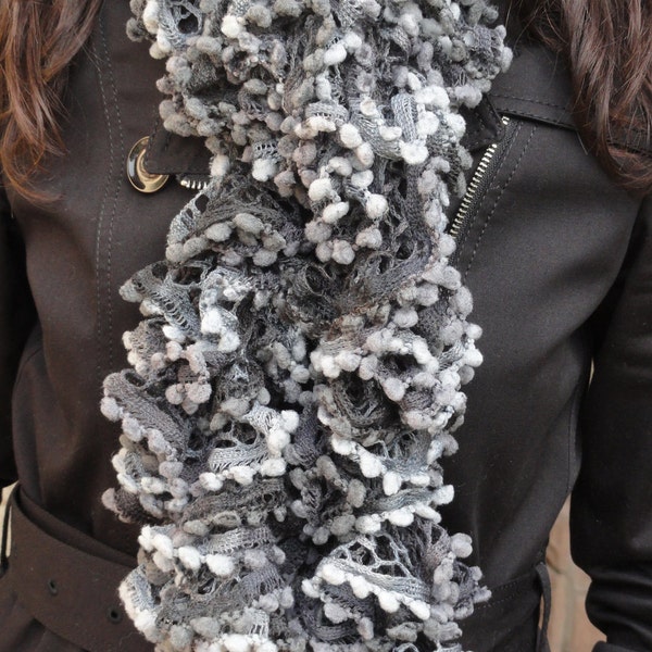 Ruffle scarf  sashay scarf Pom Pom Scarf, Hand Knitted ruffle scarf
