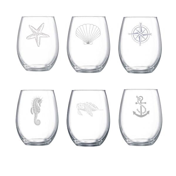 Nautical Beach Theme Stemless Wine Glasses with Sea Shells, Sea Creatures and Nautical images in a set of six glasses